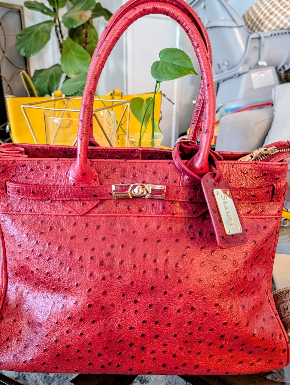 Stauer Brand Red Ostrich-Textured Satchel with Gold Hardware